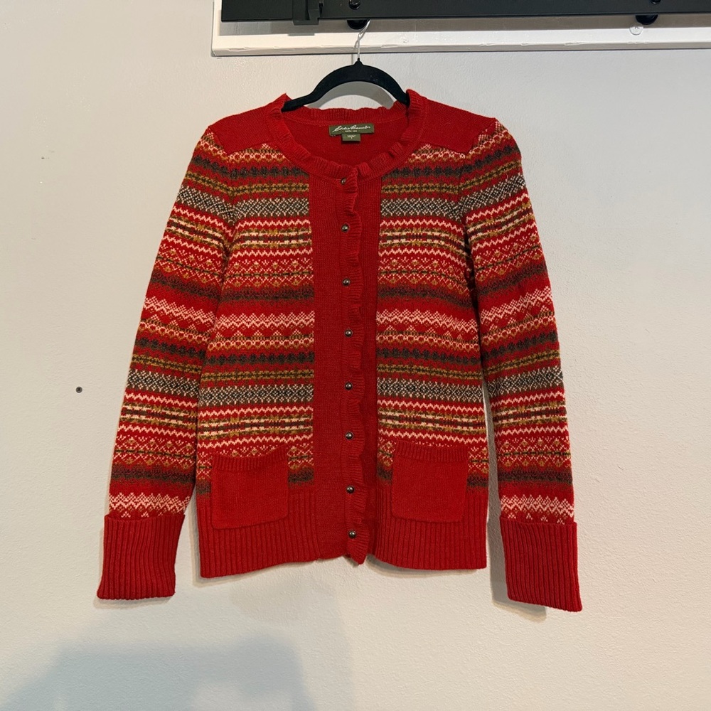 Eddie Bauer Button Front Lambs Wool Cardigan Sweater Size Small Red Fair Isle
